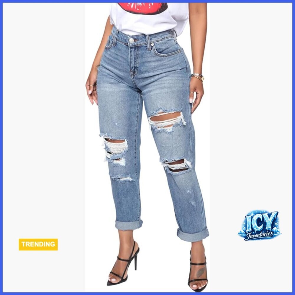 Boyfriend Stretchy Jeans, High Waisted Distressed Denim